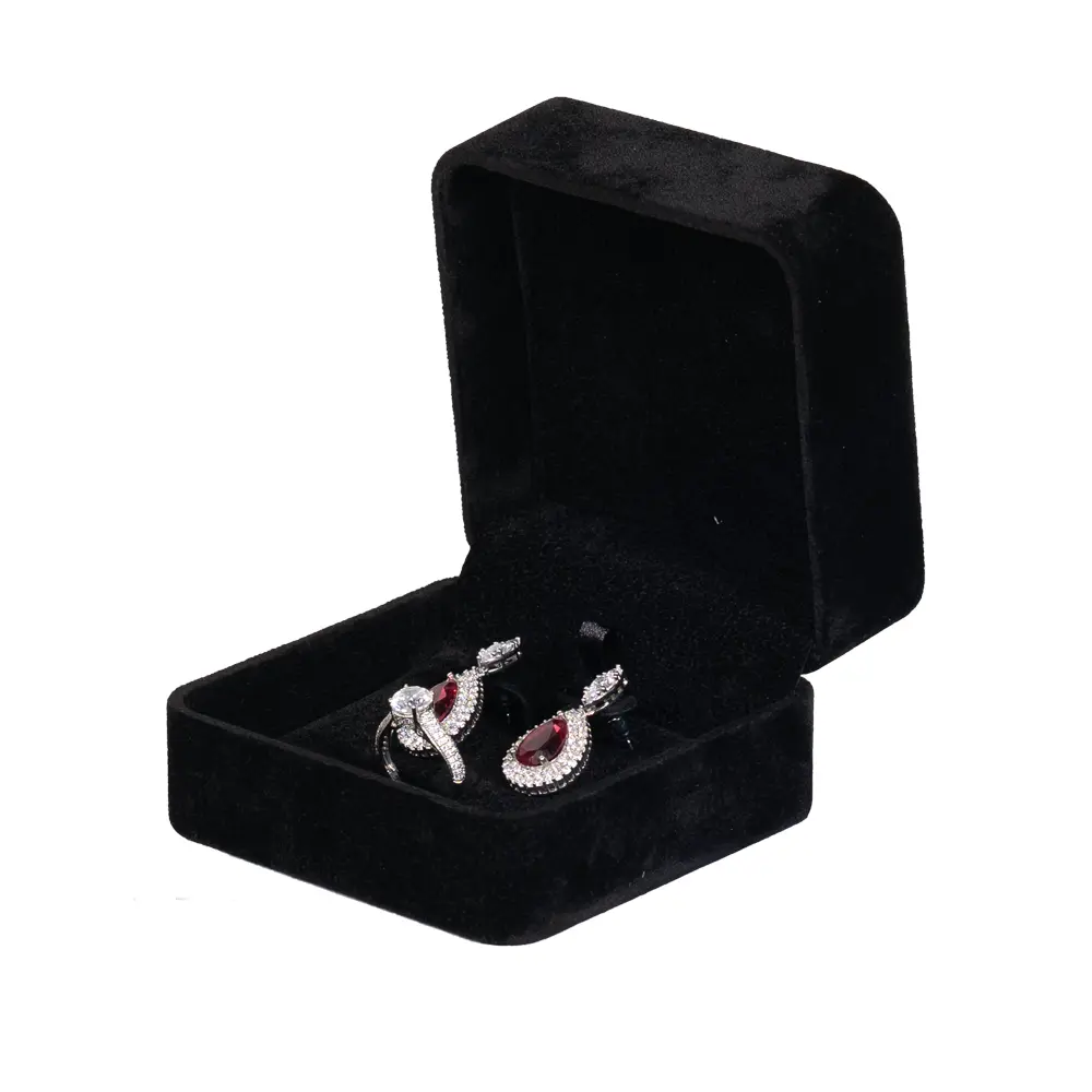 Earring Packaging Ring and earring box velvet black open angle view with jewellery BXER80