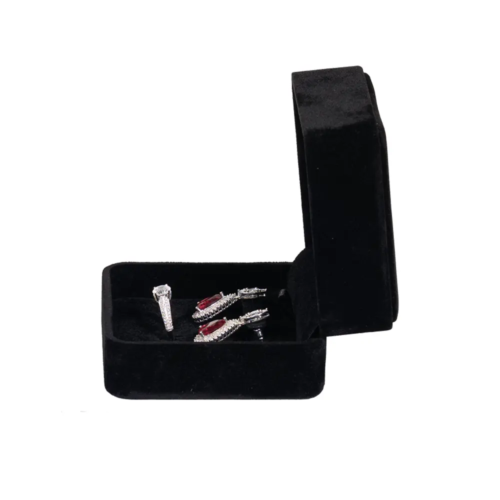 Earring Packaging Ring and earring box velvet black open side view with jewellery BXER80