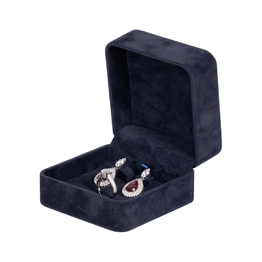 Earring Packaging Ring and earring box velvet blue open angle view with jewellery BXER80