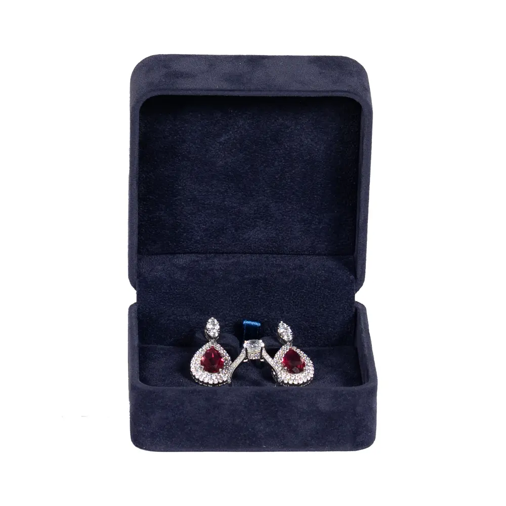 Earring Packaging Ring and earring box velvet blue open front view with jewellery BXER80