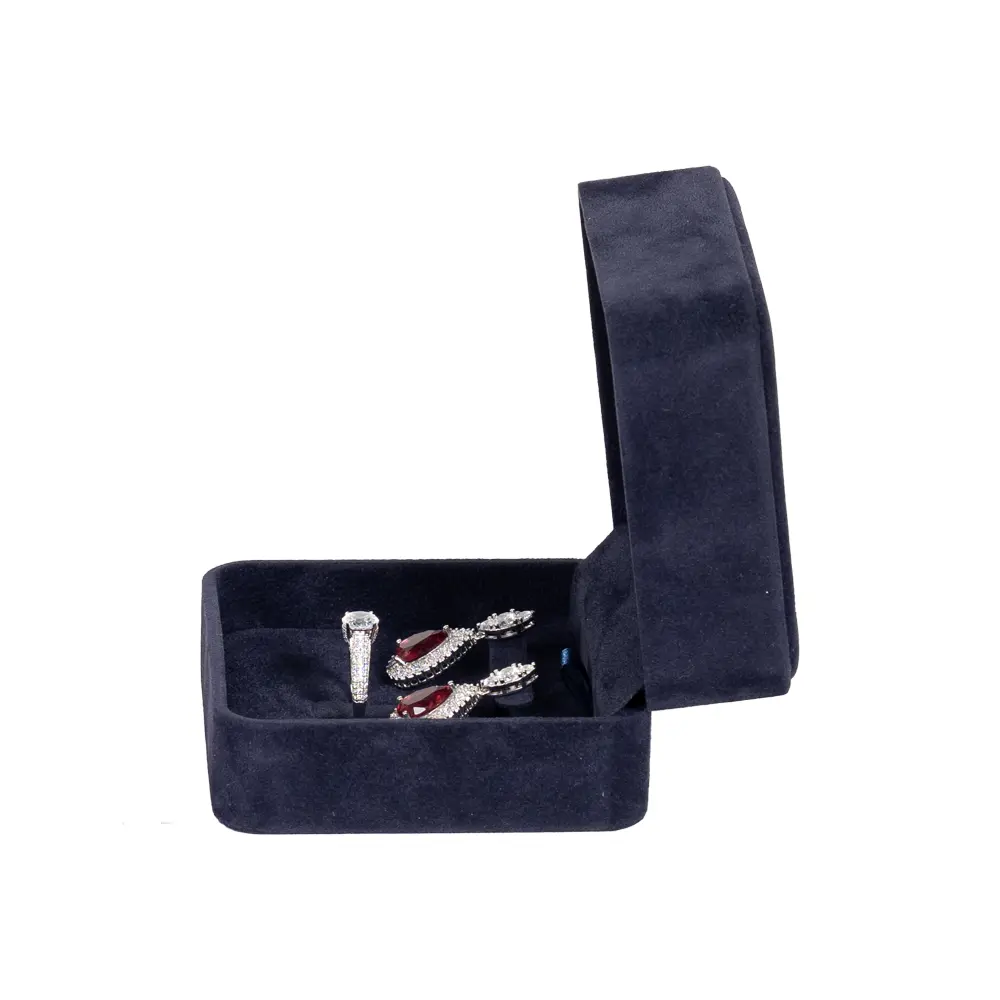 Earring Packaging Ring and earring box velvet blue open side view with jewellery BXER80