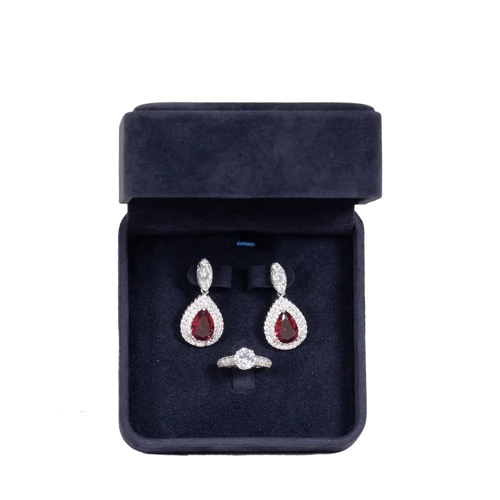 Earring Packaging Ring and earring box velvet blue open top view with jewellery BXER80