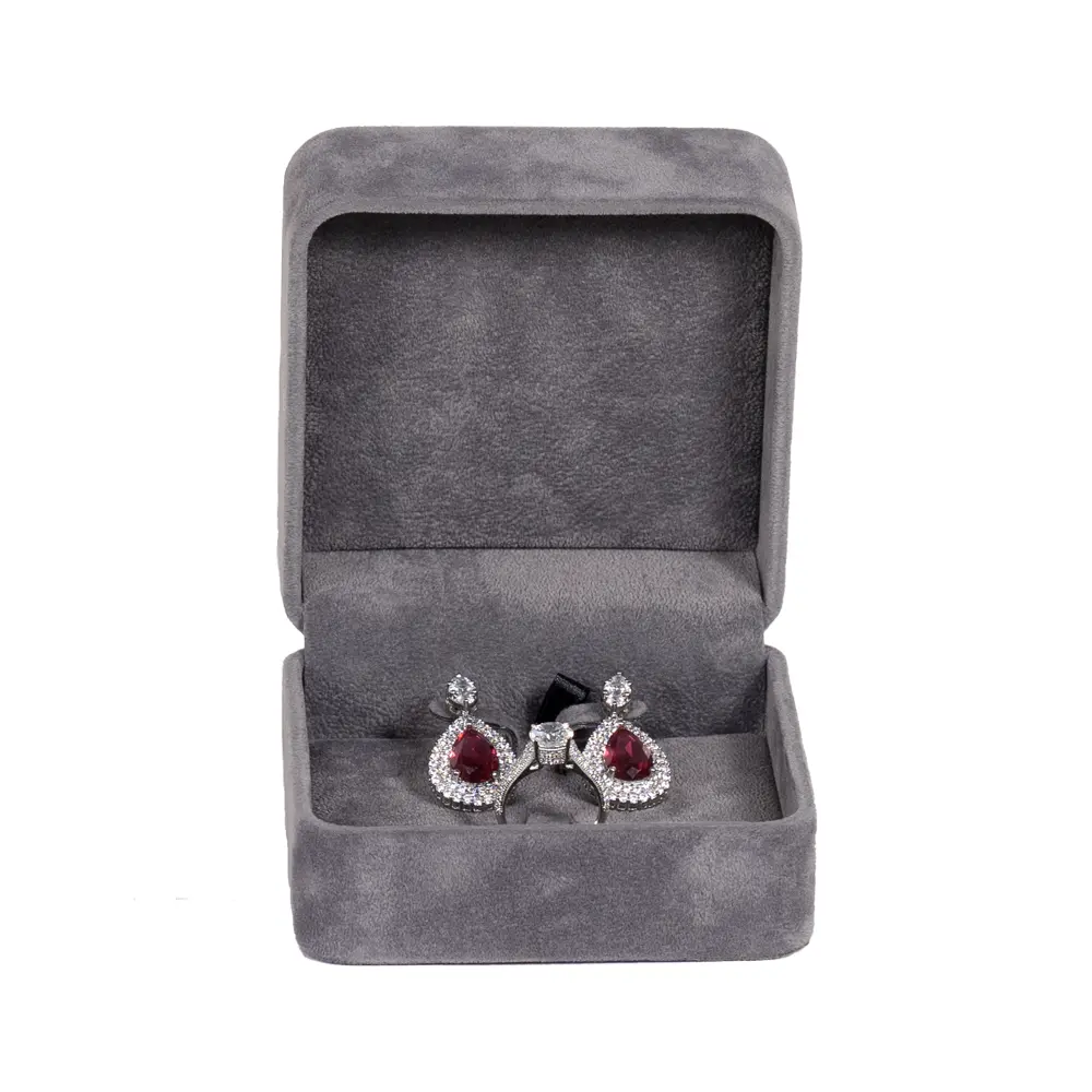 earring Packaging Ring and earring box velvet dark grey open front view with jewellery BXER80