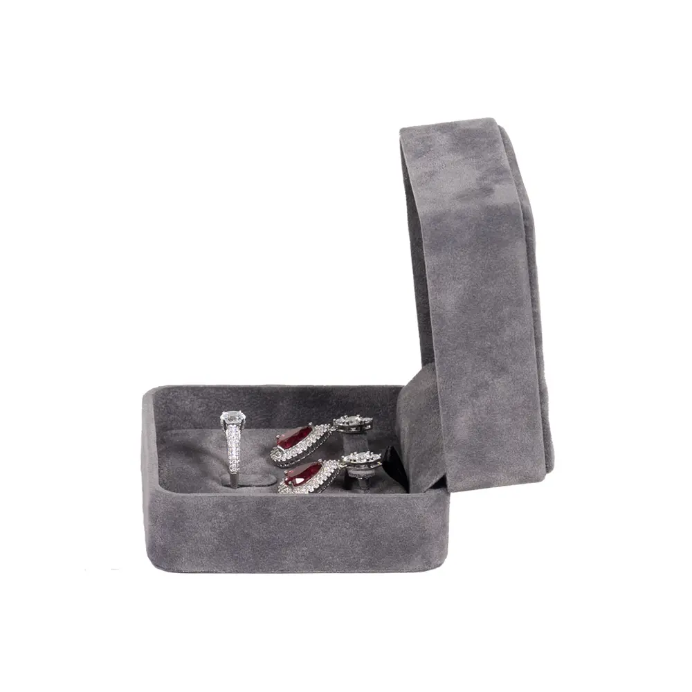 Earring Packaging Ring and earring box velvet dark grey open side view with jewellery BXER80