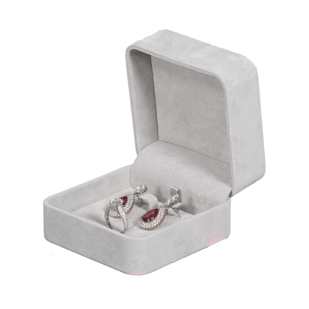 Earring Packaging Ring and earring box velvet grey open angle view with jewellery BXER80