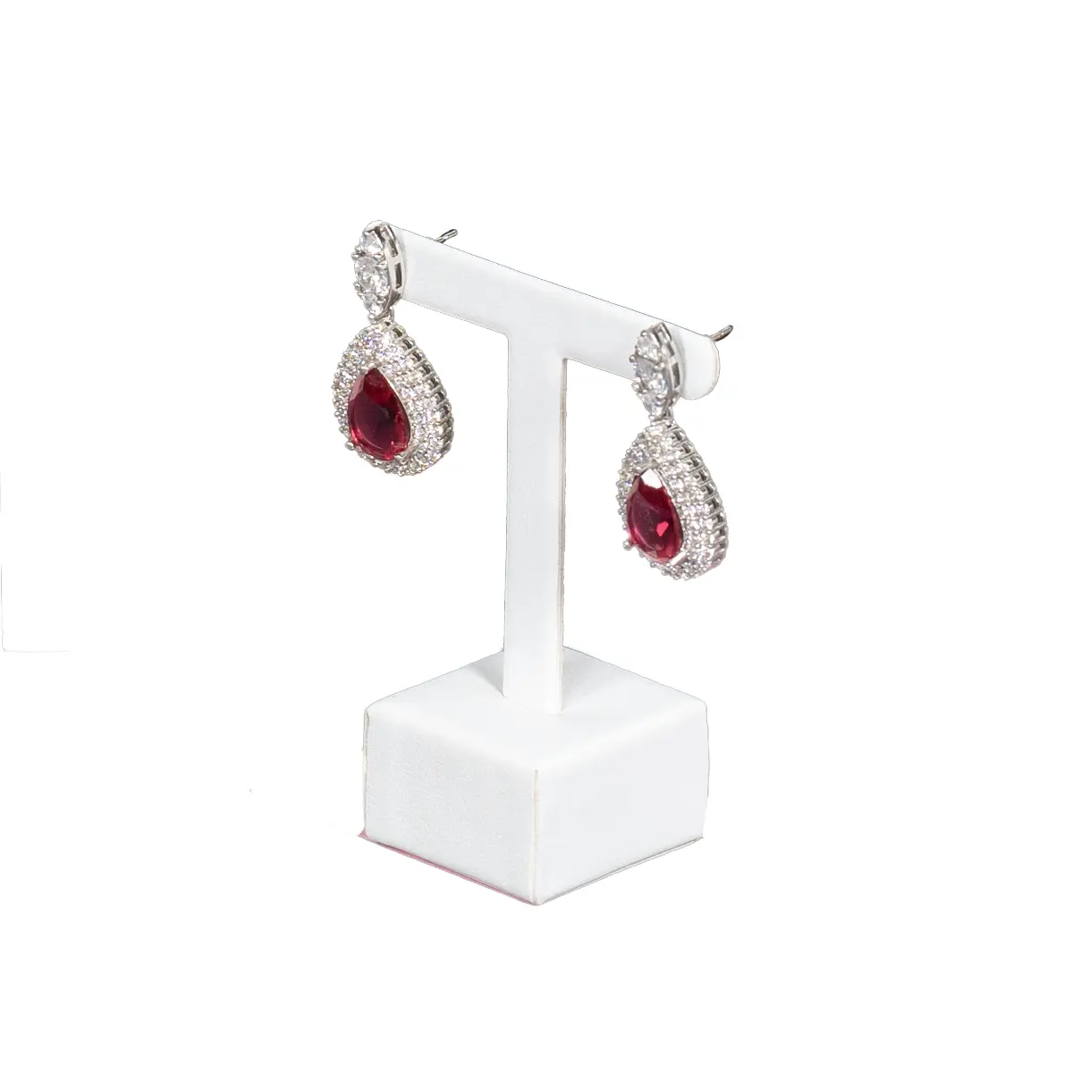 Earring display stand small white angle view with earring