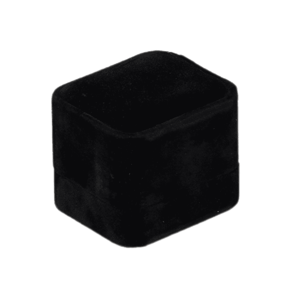 Black velvet ring box with a cushion interior, displaying an engagement ring close side