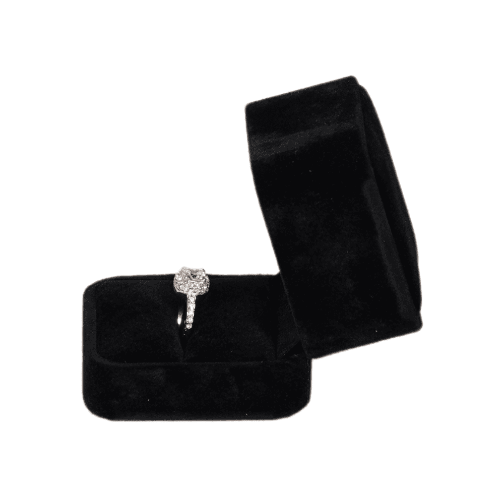 Black velvet ring box with a cushion interior, displaying an engagement ring side