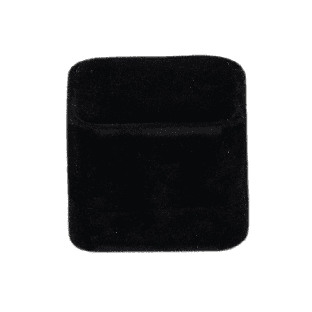 Black velvet ring box with a cushion interior, displaying an engagement ring close2