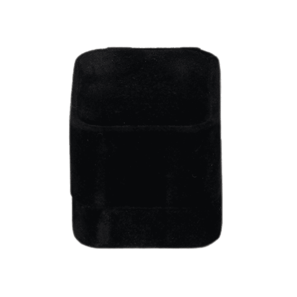 Black velvet ring box with a cushion interior, displaying an engagement ring close1