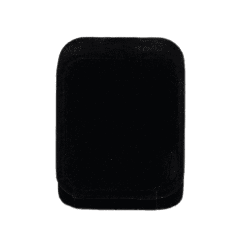 Black velvet ring box with a cushion interior, displaying an engagement ring close top