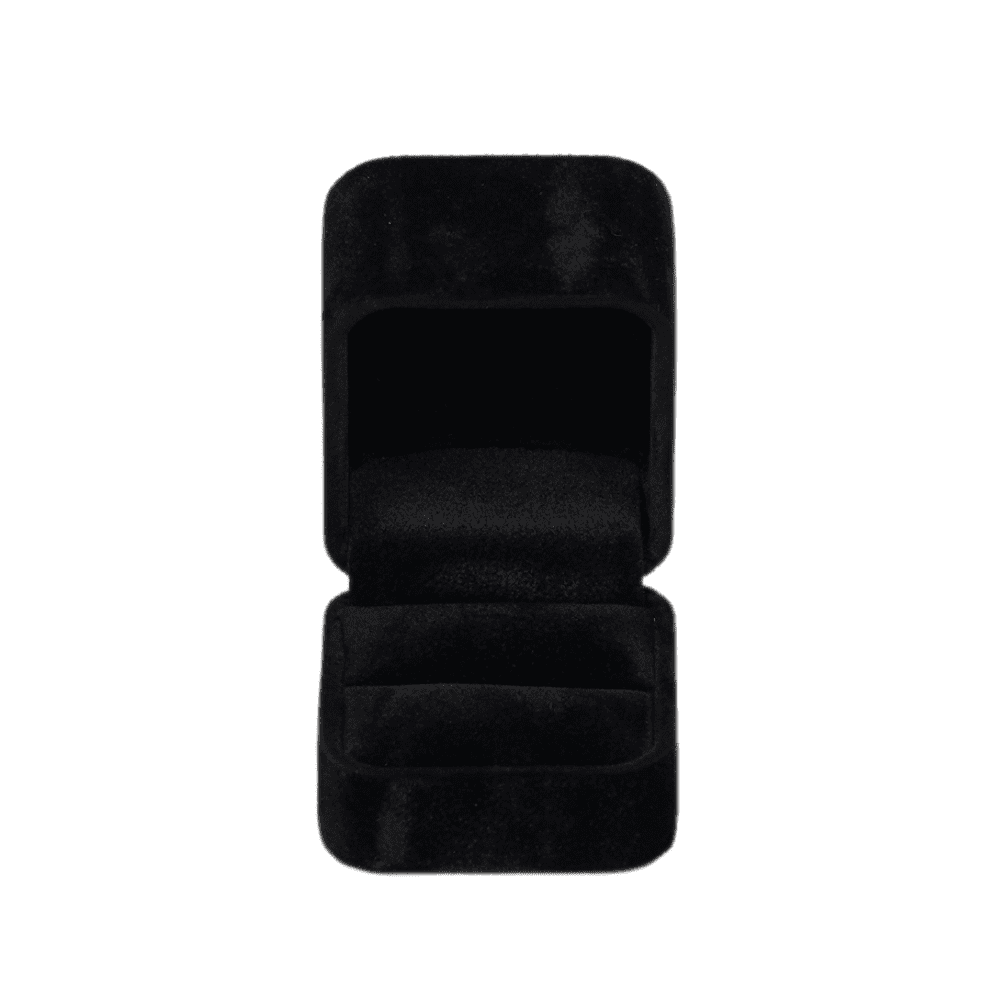 Black velvet ring box with a cushion interior, displaying an engagement ring open2