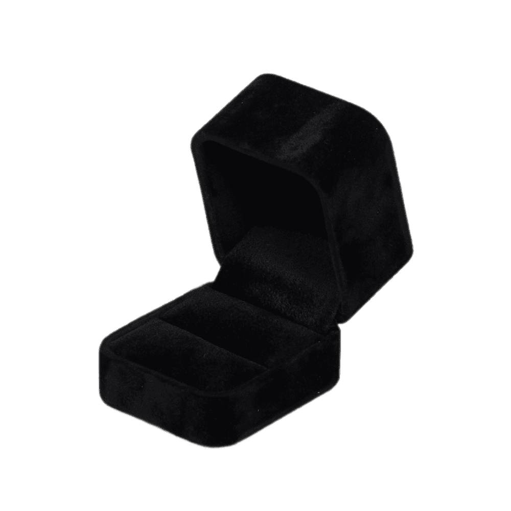 Black velvet ring box with a cushion interior, open side