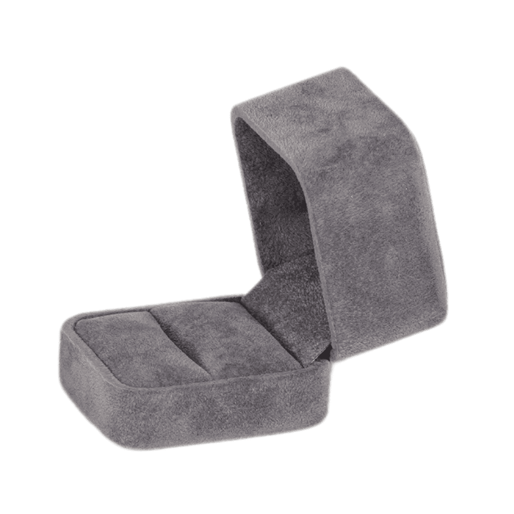 Dark grey velvet ring box with a cushion interior, open side