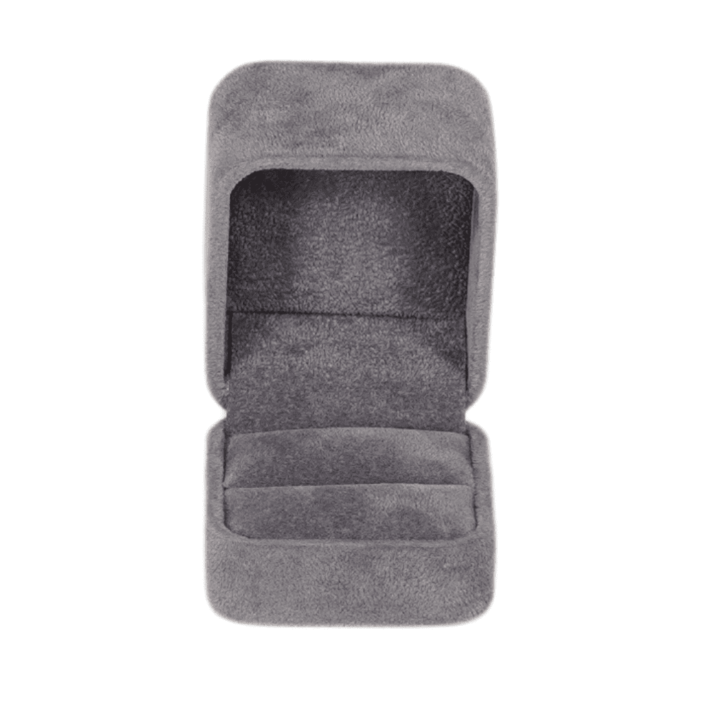 Dark grey velvet ring box with a cushion interior, open top