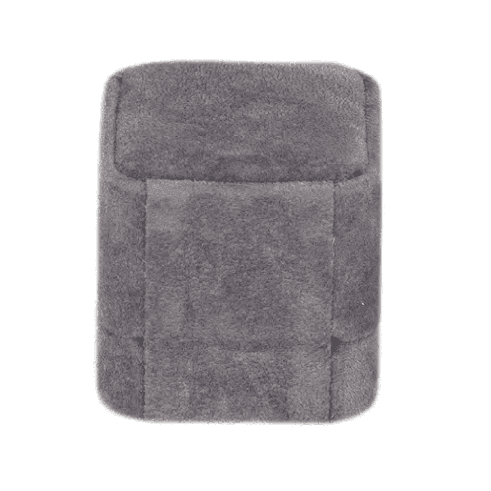 Dark grey velvet ring box with a cushion interior, close back