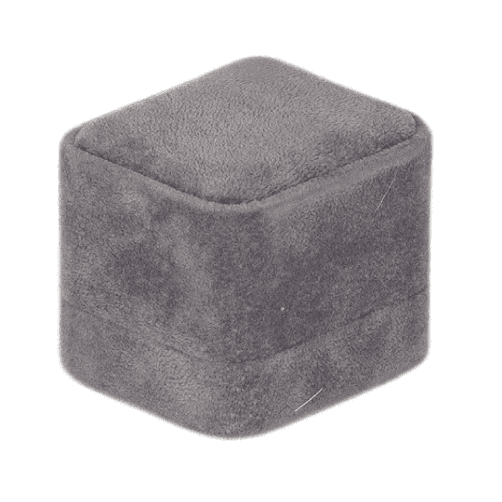 Dark grey velvet ring box with a cushion interior, displaying an engagement ring close side