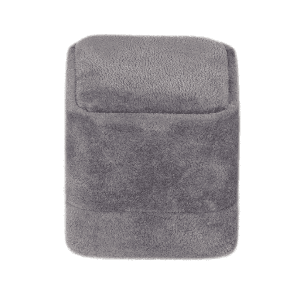 Dark grey velvet ring box with a cushion interior, close top