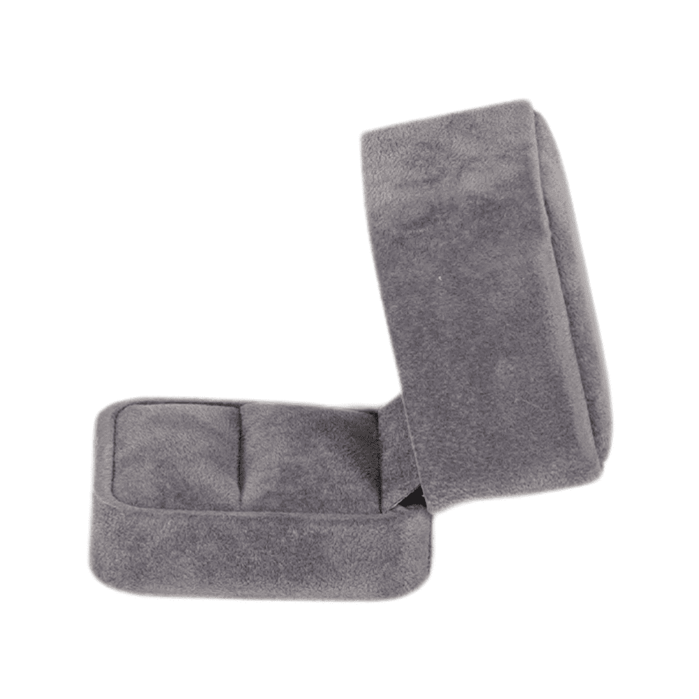 Dark grey velvet ring box with a cushion interior, open2
