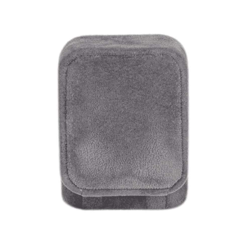 Dark grey velvet ring box with a cushion interior, open back