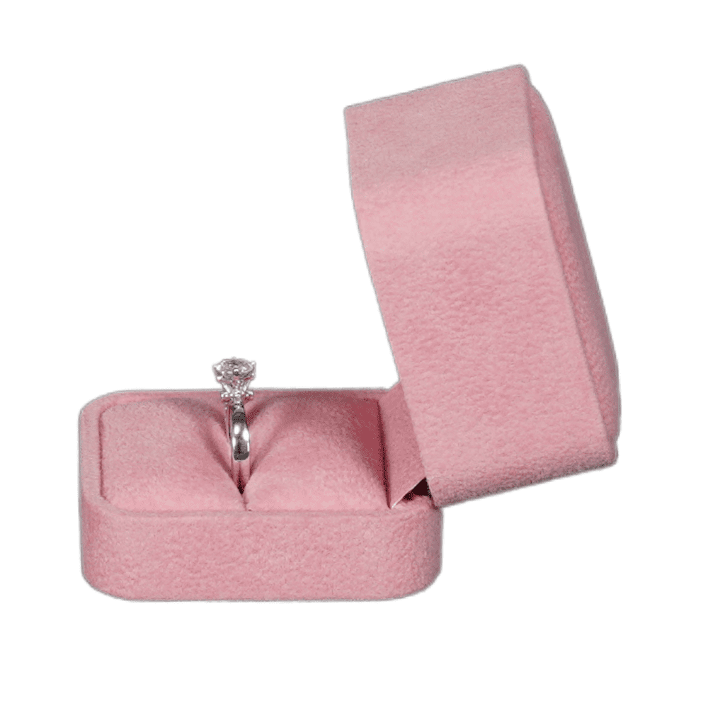 ring-box-velvet-pink-BXR82-1 Pink velvet ring box with a cushion interior, displaying an engagement ring. top5