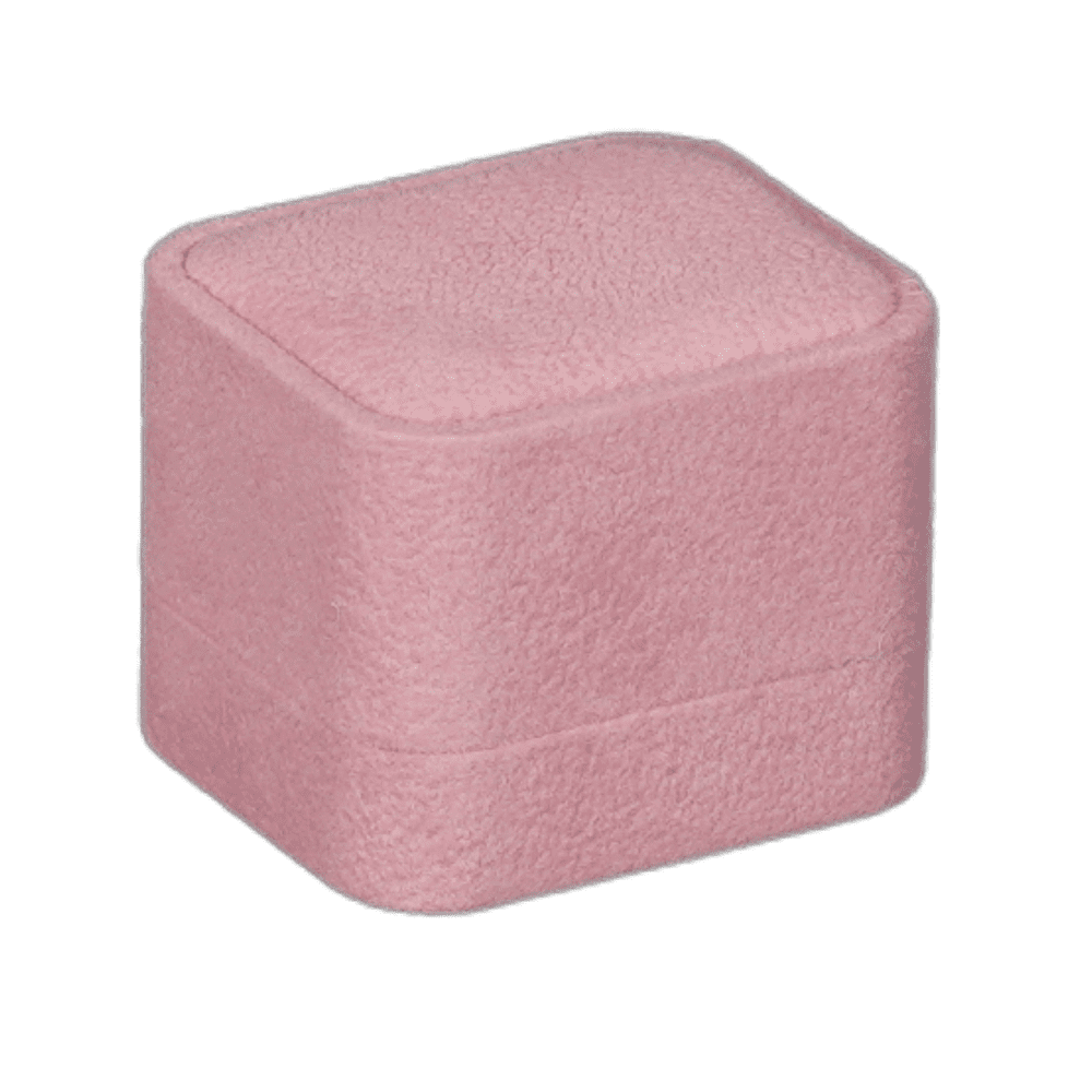 ring-box-velvet-pink-BXR82-12 Pink velvet ring box with a cushion interior, close side