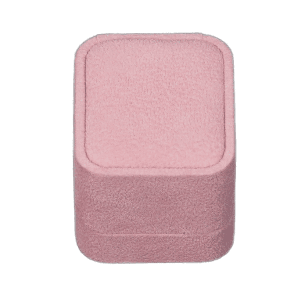 ring-box-velvet-pink-BXR82-14 Pink velvet ring box with a cushion interior, displaying an engagement ring. close top