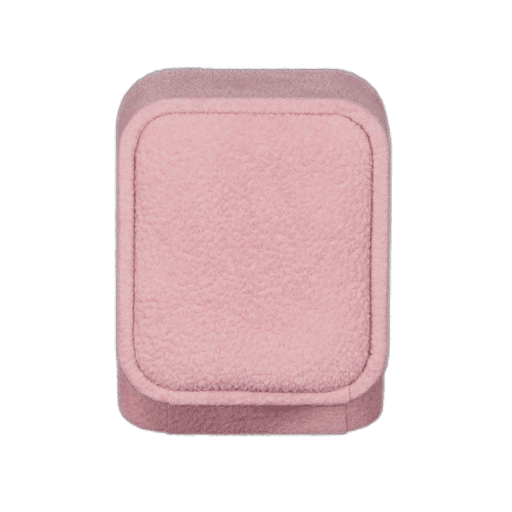 ring-box-velvet-pink-BXR82-2 Pink velvet ring box with a cushion interior, displaying an engagement ring. back
