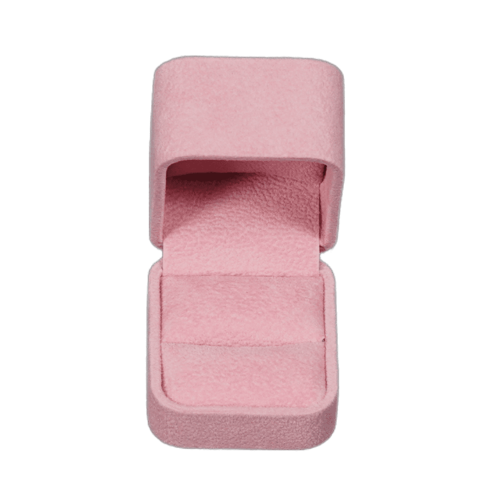 ring-box-velvet-pink-BXR82-9 Pink velvet ring box with a cushion interior, open top