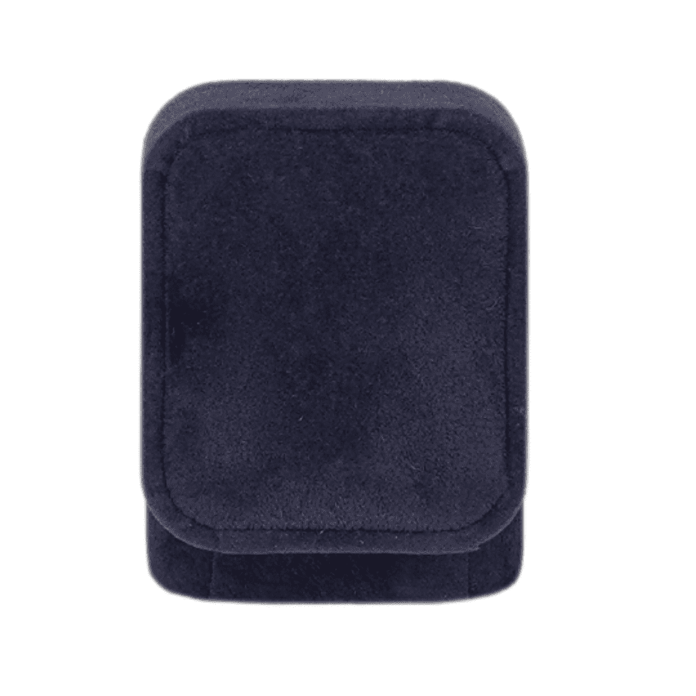Royal blue velvet ring box with a cushion interior, displaying an engagement ring back