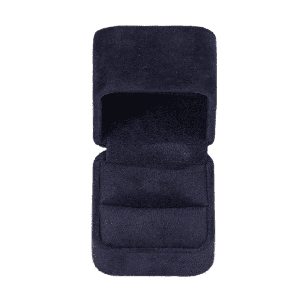 Royal blue velvet ring box with a cushion interior top