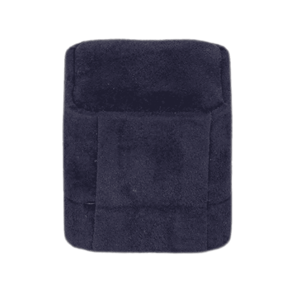 Royal blue velvet ring box with a cushion interior close back