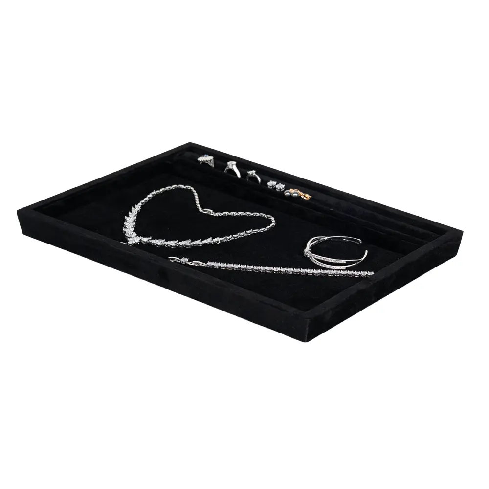 Jewellery Velvet Tray black side view with jewellery TRAV83