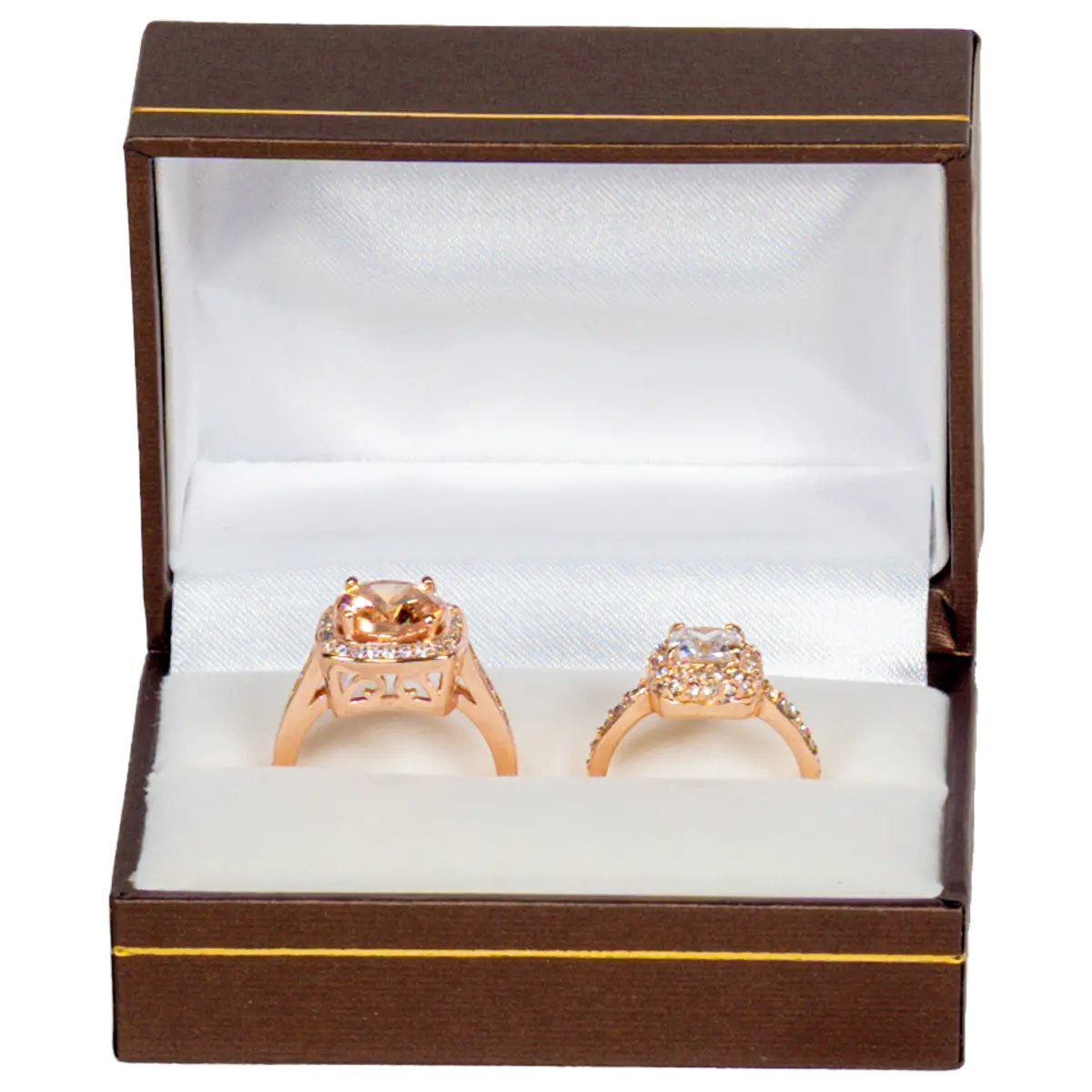 double ring box brown leather look paper couple ring box - display with ring front