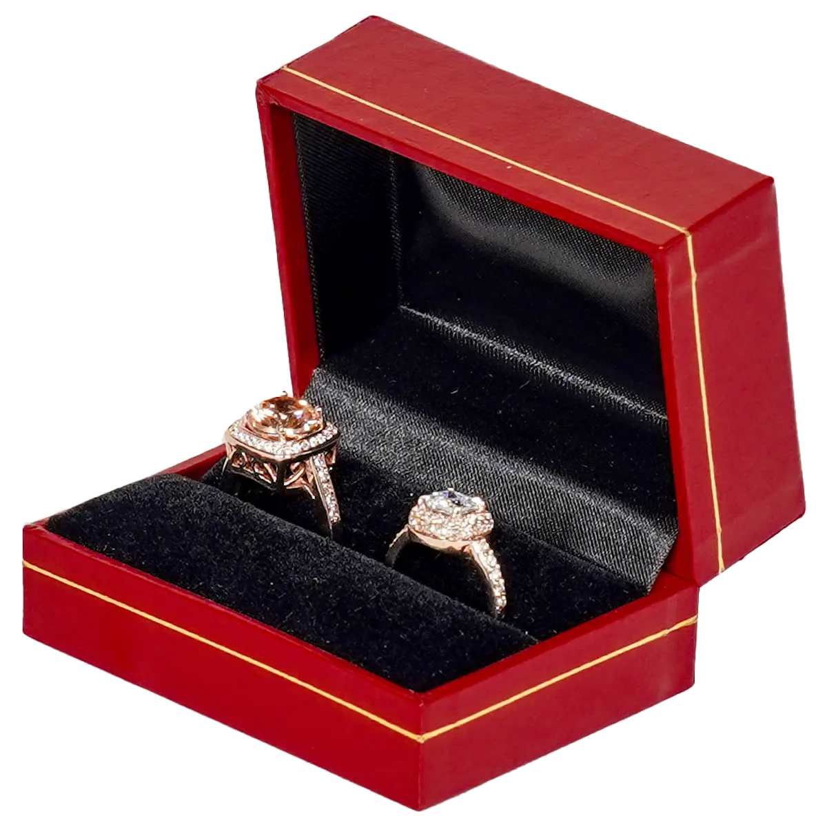 double-ring-box-red-leather-look-paper-BXR87-1 double ring box ring leather look paper couple ring box - display with ring side