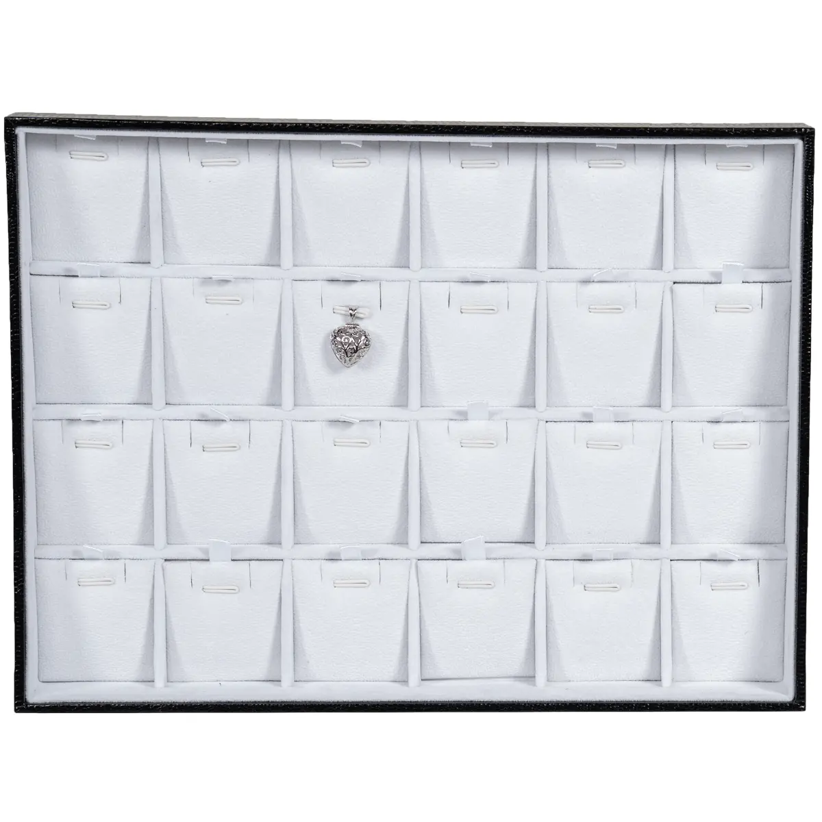 BXPS80-necklace-storage-box-24-compartments-white-frontview-with-pendant BXPS80 necklace storage box 24 compartments white front view with pendant