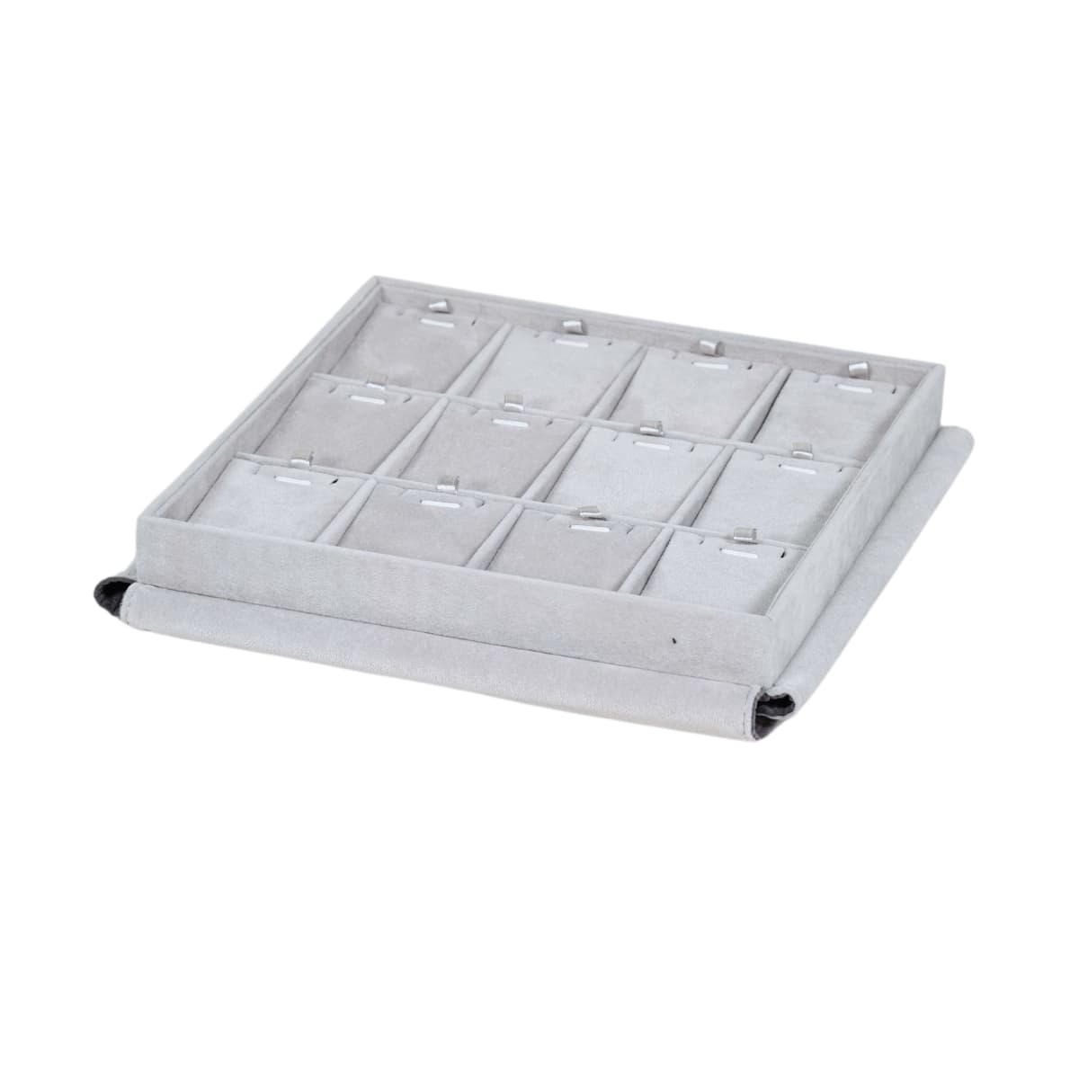 Multi-Compartment Jewellery Tray for Necklaces and Pendants-grey-TRP81-4 Side view of a multi-compartment jewellery tray in grey velvet.