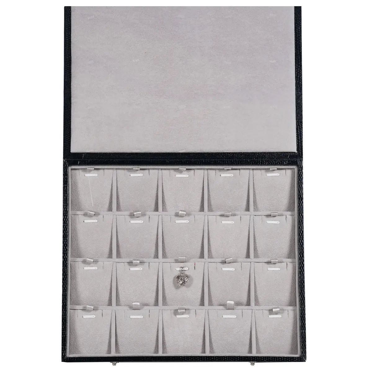 Storage-box-for-necklcace-5x4-Grey-open-top-view-with-pendant-BSPS83BRGR Storage box for necklcace 5x4 Grey open top view with pendant