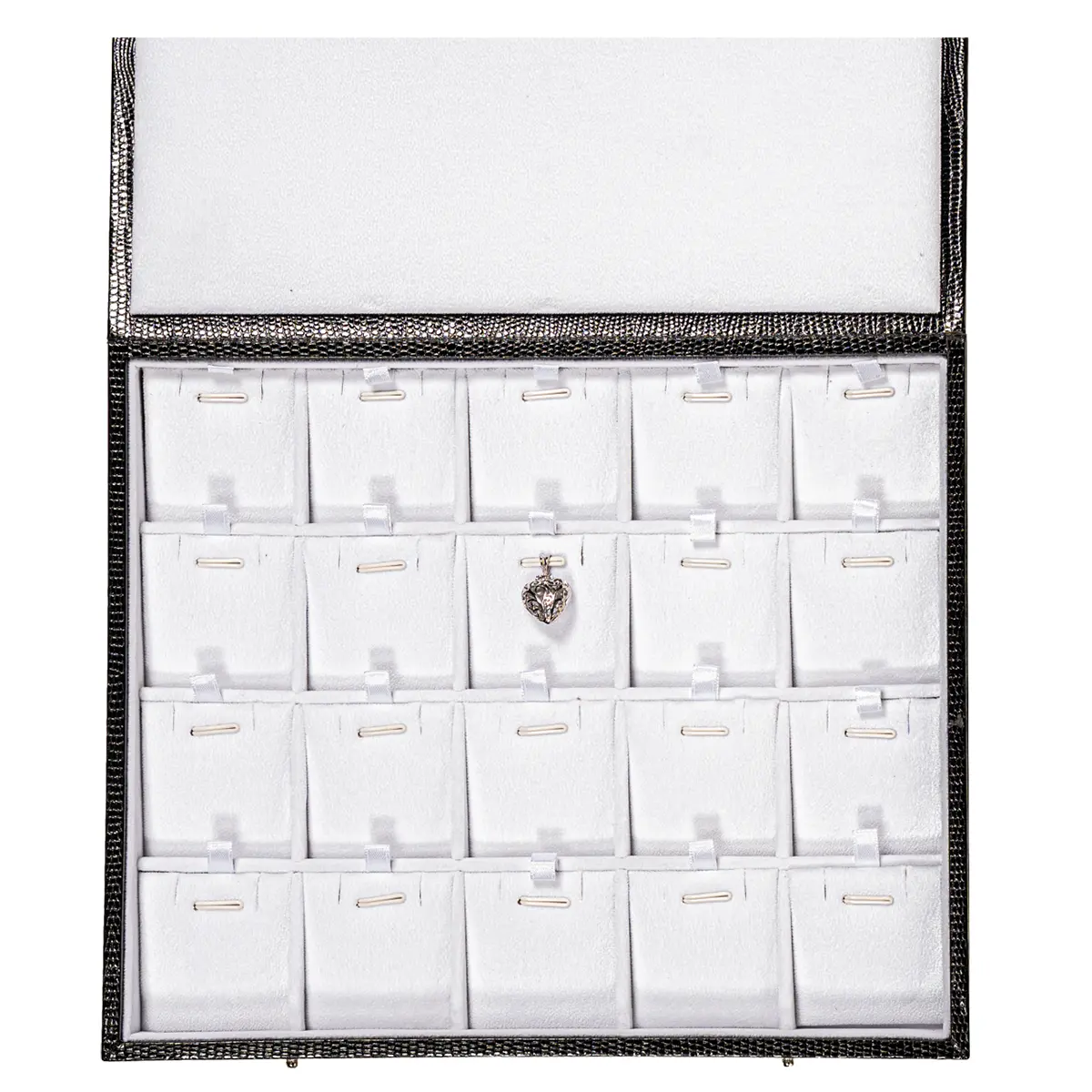 Storage box for necklcace 5x4 white open top view with pendant