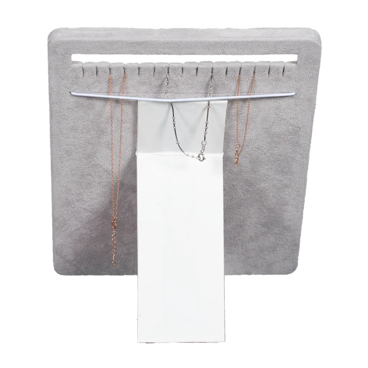 jewelry stand for necklaces grey small back view with necklace