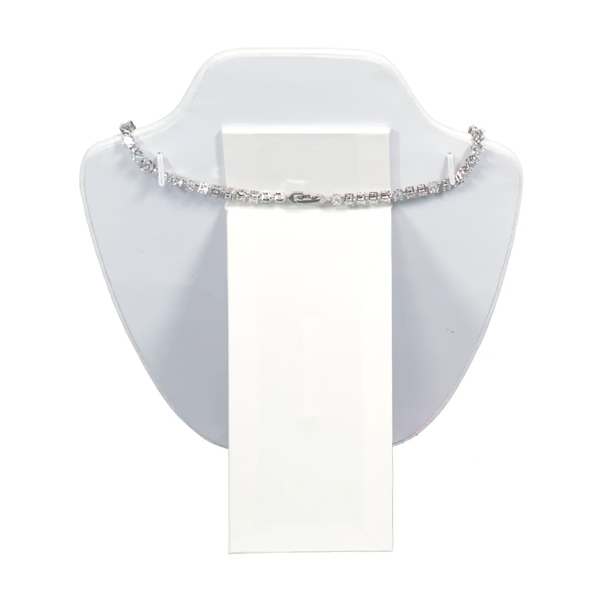 necklace on stand white small back view with necklace