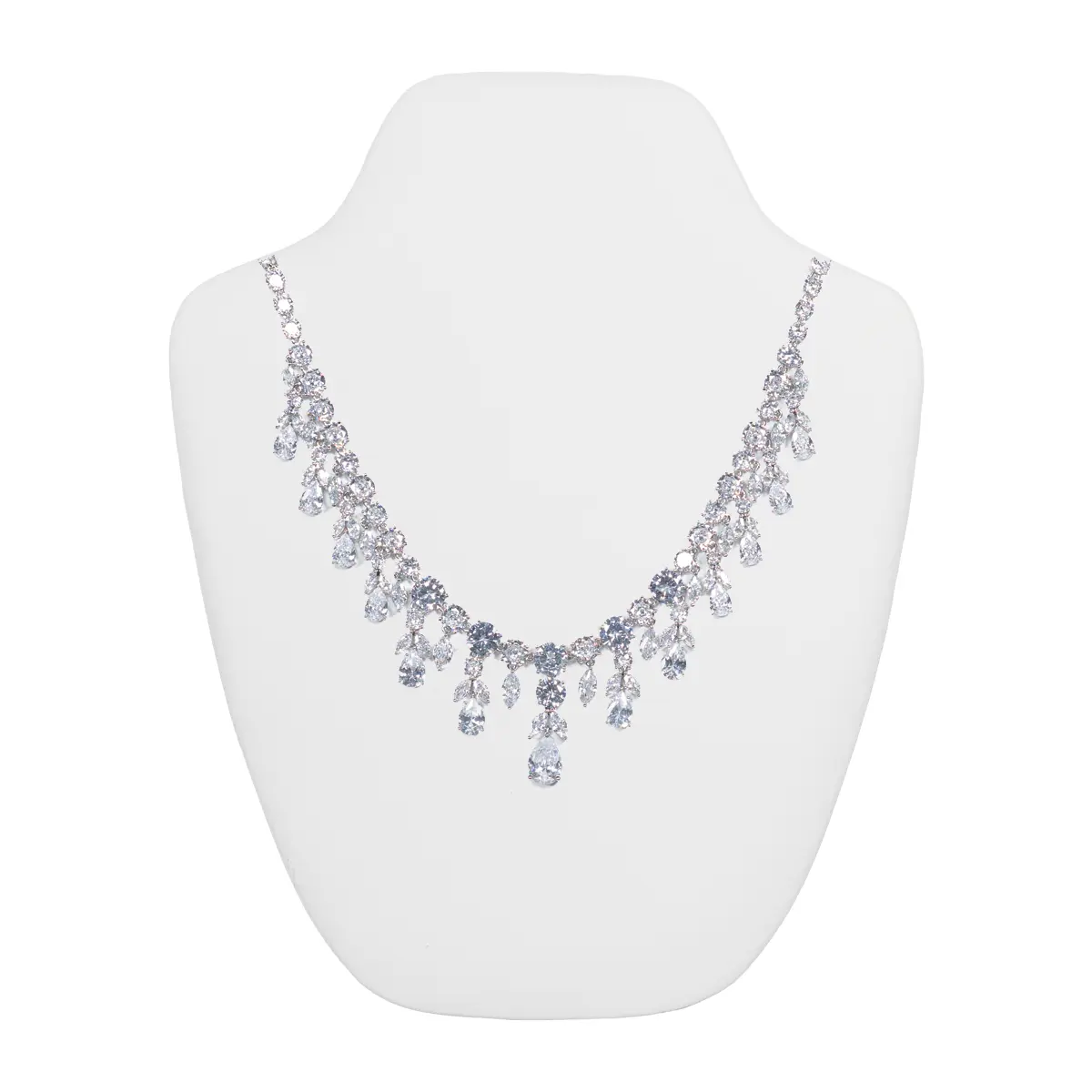 necklace on stand white small front view with necklace