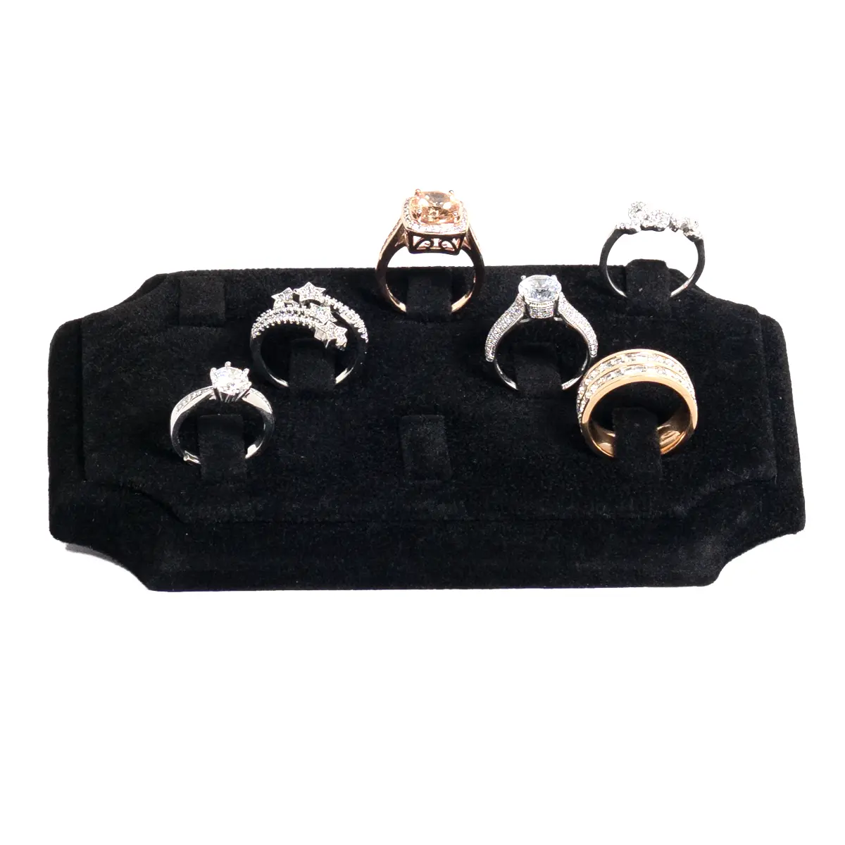 ring-holders-for- rings-Black-velvet-small-front-view -with-rings-719JS ring holders for rings Black velvet small front view with rings