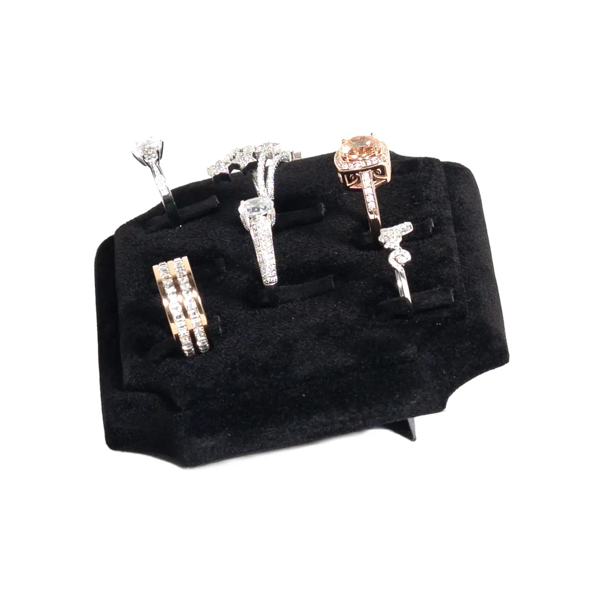 ring-holders-for- rings-Black-velvet-small-side-view-with-rings-719JS ring holders for rings Black velvet small side view with rings