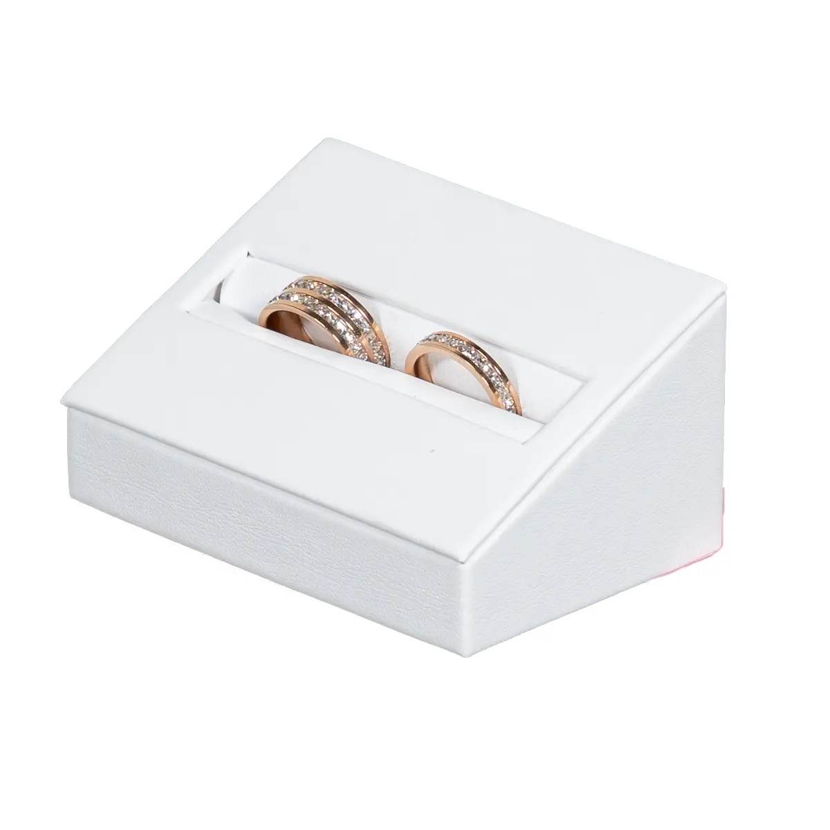 wedding ring holder white angle view with ring