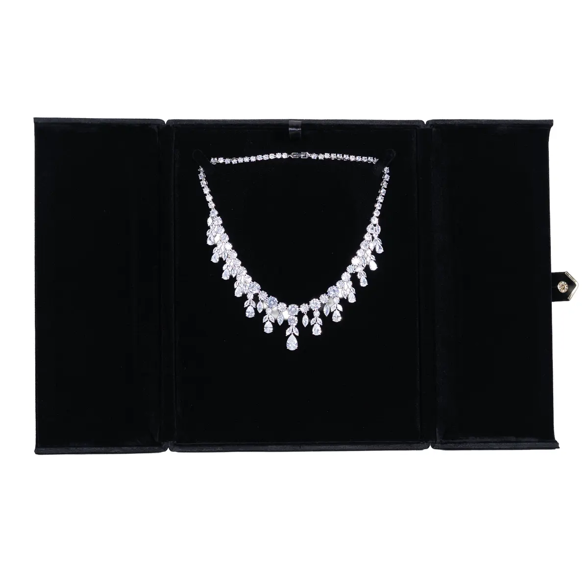 Jewellery box for necklace black flat lay front with jewellery BXN84BL