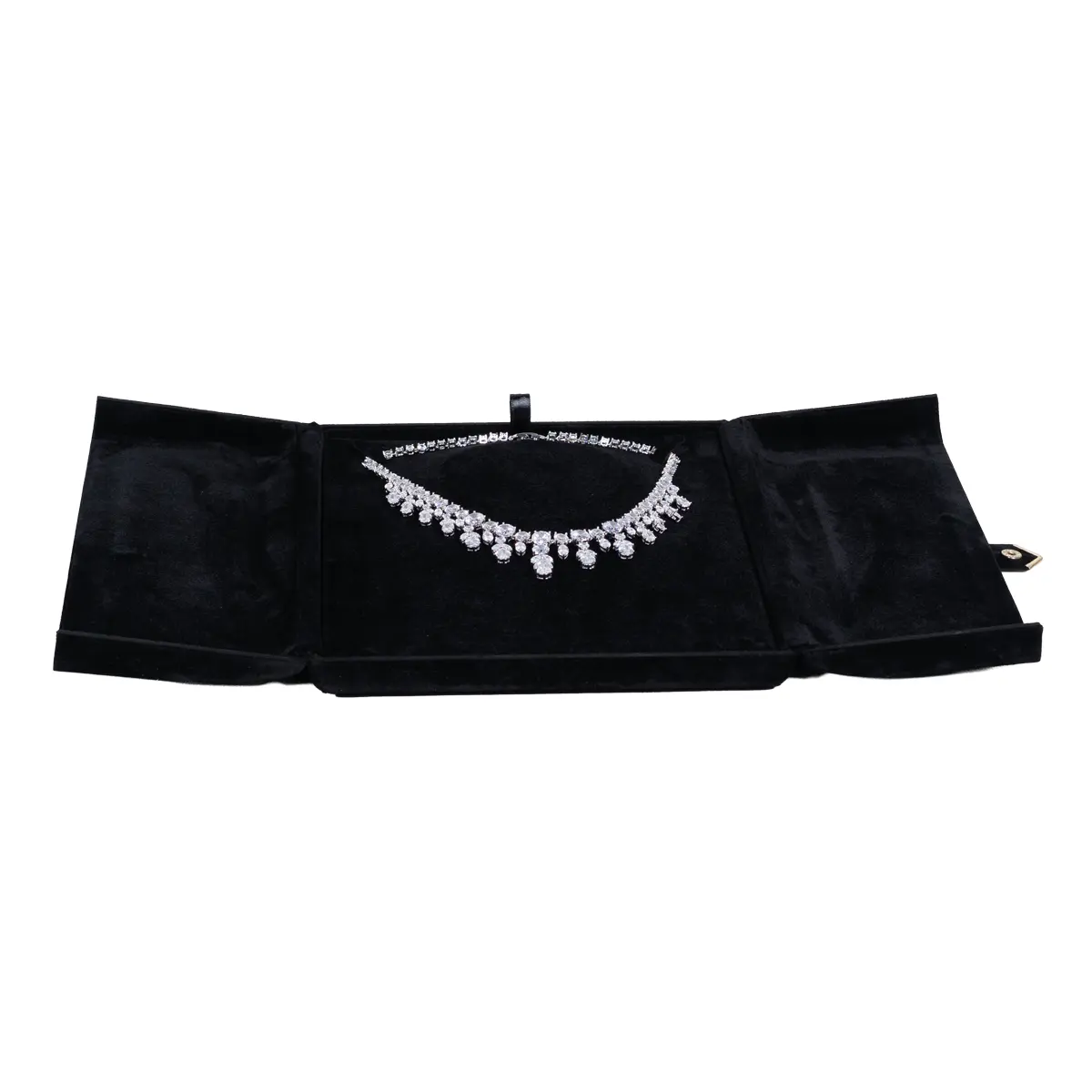 Jewellery box for necklace black flat lay front with jewellery BXN84PL