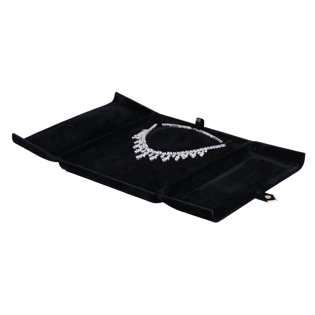 Jewellery box for necklace black flat lay open with jewellery BXN84BL.