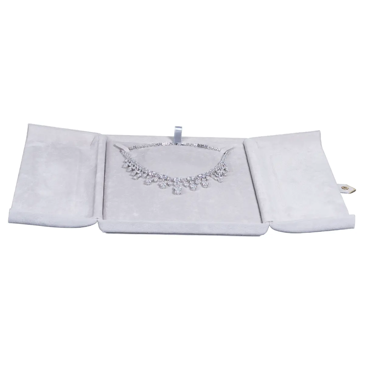 Jewellery box for necklace grey flat lay front with jewellery BXN84GR