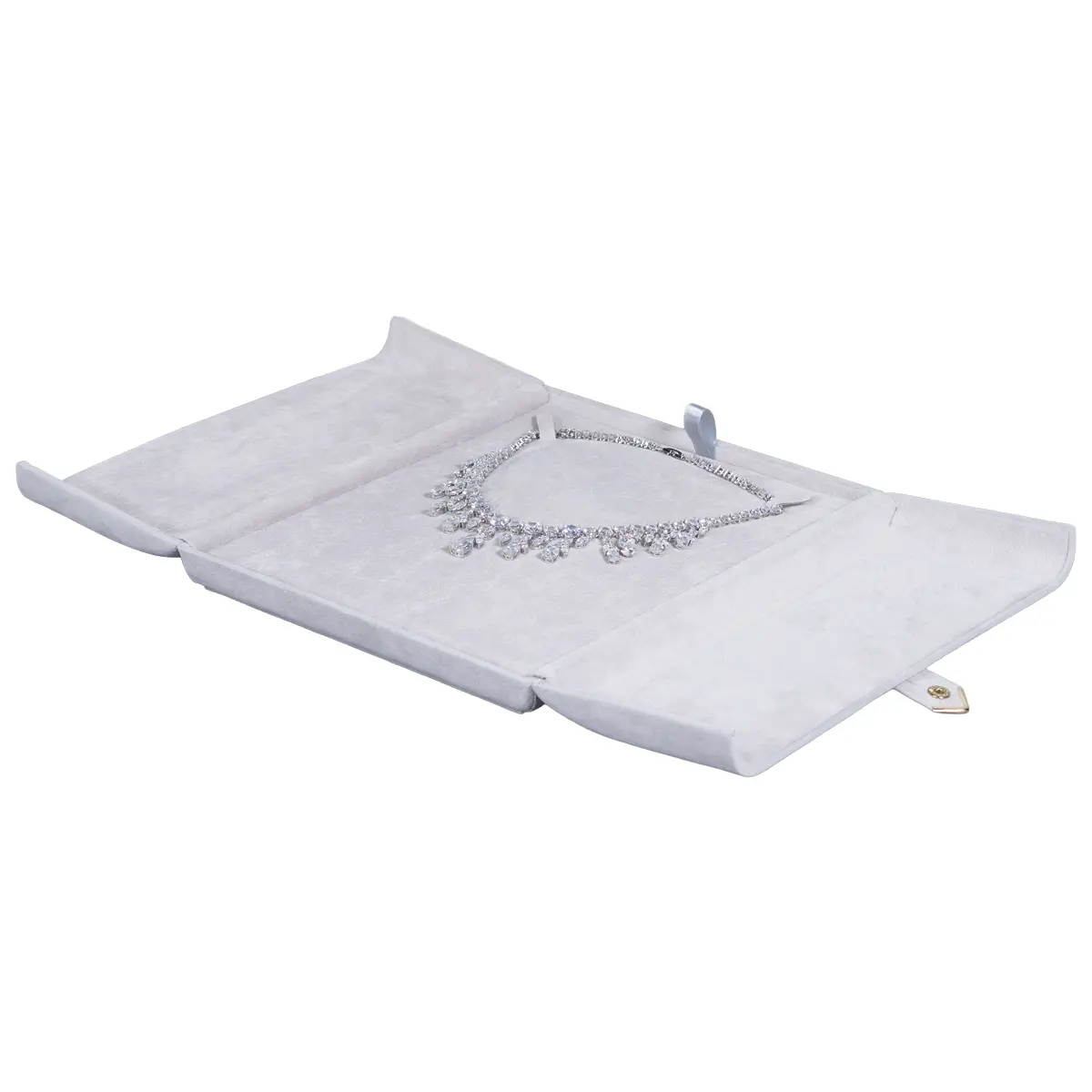 Jewellery box for necklace grey flat lay open with jewellery BXN84GR